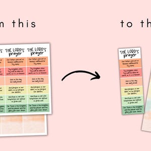 May include: The image shows a transformation of a sheet of stickers into a bookmark. The stickers and bookmark feature the text "THE LORD'S prayer" and the prayer's verses. The bookmark has a watercolor design in pastel colors.