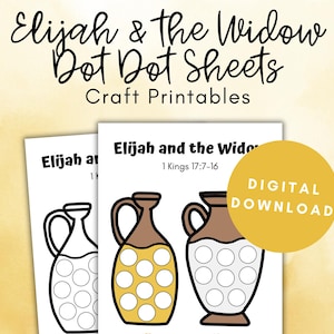 Może przedstawiać: Dwa do wydrukowania arkusze z kropkami do łączenia, przedstawiające ilustracje dzbanów, z tekstem "Elia i wdowa" oraz "1 Królów 17:7-16".