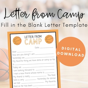 Carta do acampamento, basquete, cartas do acampamento preencher em branco, notas do acampamento de verão, acampamento para dormir fora, cartão postal do acampamento, download digital, PDF para impressão