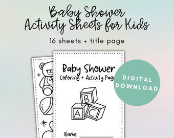 May include: Baby shower activity sheets for kids. The image shows two black and white activity pages with a teddy bear and ABC blocks. The text reads "Baby Shower Activity Sheets for Kids" and "Digital Download".