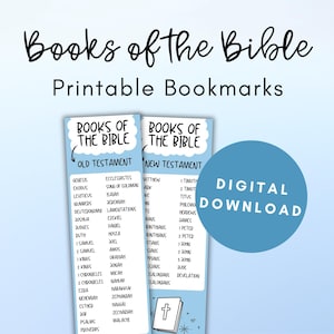 Könnte beinhalten: Zwei druckbare Lesezeichen mit dem Text "Books of the Bible" und einer Liste der Bücher des Alten und Neuen Testaments. Ein blauer Kreis mit "Digitaler Download" befindet sich rechts. Der Hintergrund ist hellblau.