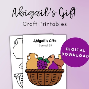 May include: Digital craft printable titled "Abigail's Gift" with a basket of food illustration. The image includes a purple circle with "Digital Download" text. The background is a gradient of purple and white.