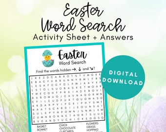 May include: A printable Easter word search puzzle with a chick peeking out of an egg. The puzzle features words like bunny, carrots, basket, and eggs. The words are hidden horizontally, vertically, and diagonally. The text "Digital Download" is in a teal circle.
