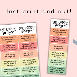 May include: Printable prayer cards featuring "The Lord's Prayer" in a colorful, rectangular design. Includes a sheet of individual prayer cards and a bookmark, with text in a handwritten style. A pair of scissors is also included.