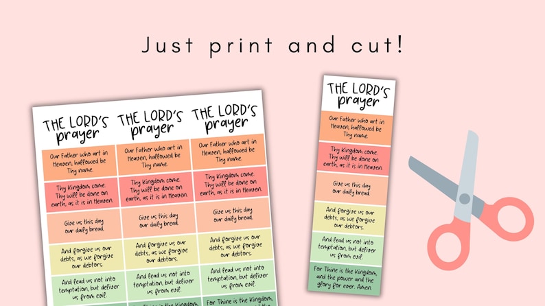 May include: Printable prayer cards featuring "The Lord's Prayer" in a colorful, rectangular design. Includes a sheet of individual prayer cards and a bookmark, with text in a handwritten style. A pair of scissors is also included.