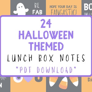May include: A digital download of 24 Halloween-themed lunchbox notes. The notes feature a variety of fun and spooky designs, including ghosts, candy corn, and spiders. The text on the notes includes phrases like "Boo! Did I scare you?" and "Give me a high five!"