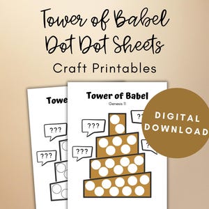 May include: Two printable dot-to-dot sheets featuring the Tower of Babel. The first sheet is a blank outline of the tower, while the second sheet shows the completed tower with a brown base and white circles. The text "Tower of Babel" and "Genesis 11" is included on the second sheet.