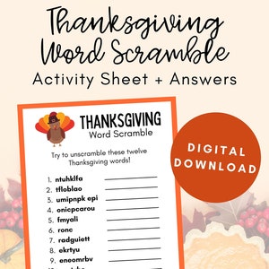 Thanksgiving Word Scramble, Thanksgiving Activity Sheet, Kids Printable Activities, Thanksgiving Party Games, Worksheets for Kids, Download
