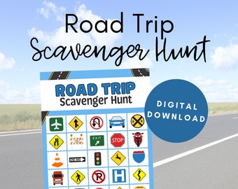 May include: A blue and white printable road trip scavenger hunt game with a digital download label. The game features a grid of 25 squares with different road signs and symbols.