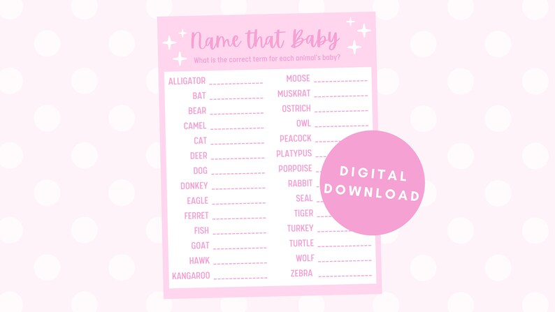 Baby Shower Download Games Pink Baby Shower Game Name That Baby Animal Game Baby Shower Game Printable Baby Shower Activities