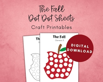 Könnte beinhalten: Zwei druckbare Punkt-zu-Punkt-Blätter mit einem roten Apfel, aus dem ein Stück herausgebissen wurde. Die Blätter sind mit "The Fall" und "Genesis 3" betitelt. Der Text "DIGITAL DOWNLOAD" befindet sich in einem roten Kreis.
