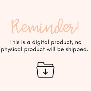 Puede incluir: Un recordatorio de que este es un producto digital, no se enviar&aacute; ning&uacute;n producto f&iacute;sico. El texto es de color melocot&oacute;n y el fondo es de color melocot&oacute;n claro. Hay un icono en blanco y negro de una carpeta con una flecha hacia abajo.