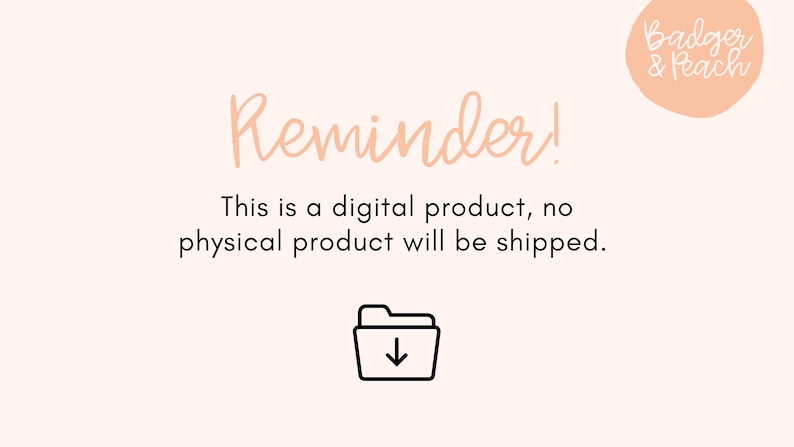 Puede incluir: Un recordatorio de que este es un producto digital, no se enviar&aacute; ning&uacute;n producto f&iacute;sico. El texto es de color melocot&oacute;n y el fondo es de color melocot&oacute;n claro. Hay un icono en blanco y negro de una carpeta con una flecha hacia abajo.