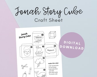 May include: Black and white printable craft sheet for making a Jonah story cube. The sheet includes a net of the cube with six different scenes from the story of Jonah, including Jonah in the belly of the whale, Jonah running away from God, and Jonah preaching to the people of Nineveh. The sheet also includes instructions for making the cube.