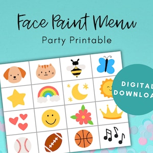 Gesichtsbemalen-Menü, Gesichtsbemalung-Design, Party zum Ausdrucken, Partyaktivität, Kindergeburtstagsfeier, Designtafel, digitaler Download, PDF zum Ausdrucken