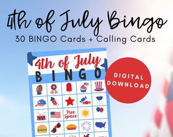 4th of July Bingo, Bingo Cards Printable, Independence Day Game, Bingo Game Download, Bingo Cards for 30, 4th of July Activity, July Fourth