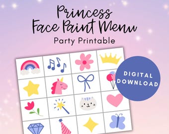 Menú de pintura facial de princesa, diseño de pintura facial, imprimible para fiestas, actividad para fiestas, fiesta de cumpleaños para niños, tablero de diseño, descarga digital, PDF