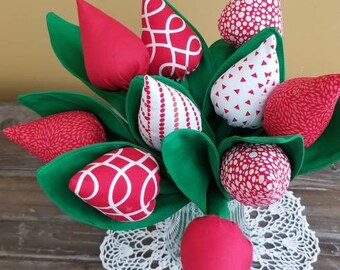 Fabric Tulip Bouquet, Red & White Decorative Flowers, Spring Floral Arrangement