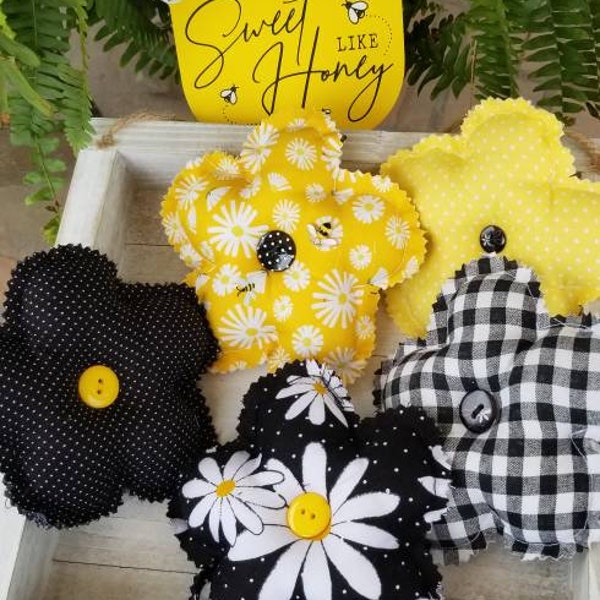 Farmhouse Style Honey Bee Stuffed Fabric Flowers, Tiered Tray Decor, Bowl or Basket Filler, Comes in a set of 5.