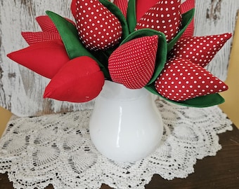 Red Fabric Tulip Flowers Spring Cotton Tulips Spring Tulip Bouquet Wedding Flowers, Valentine's Day Gift  Bridesmaid  and Bride Bouquet
