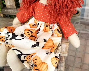 Halloween Primitive Doll, Bats, Pumpkins and Cats.