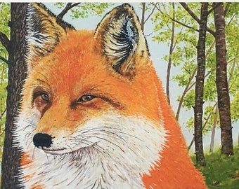 Fox on Watch by Geoff Allen, Giclée Limited Edition Art Print from Original Painting. Fox in woods, trees, Fox eyes,Acrylic Painting