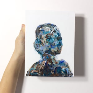 May include: Abstract painting of a person's head and shoulders, painted in shades of blue, brown, and grey. The painting is done in a thick, textured style.