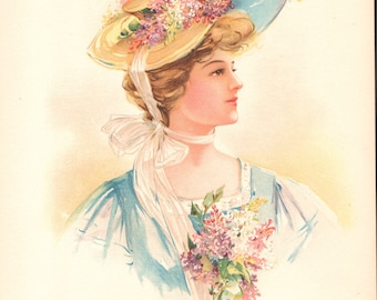 1908 original American Lithograph beauty flower hat A