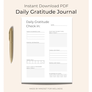 Tägliches Dankbarkeitstagebuch | Dankbarkeit Check-in, Tagesplaner, minimalistisches Journal Design, eine Seite Download druckbar, PDF, A4, A5, A6