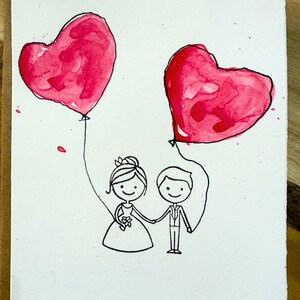 Original handgemalte Aquarellkarte, kein Druck mit süßen Herzen und Brautpaar, Aquarellkarte original besonders, Grußkarte Hochzeit cool.