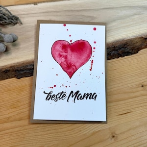 Handgemachte Muttertagskarte "Beste Mama" mit Herz. Grußkarte Aquarell handgemacht, Muttertagskarte, Muttertag Karte Klappkarte mit Umschlag