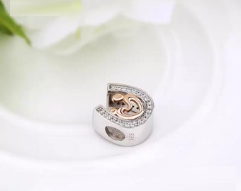 ❤️❤ 925 HORSESHOE CHARM LUCKY GENUINE REAL STERLING SILVER MOM SON HAND IN HAND 