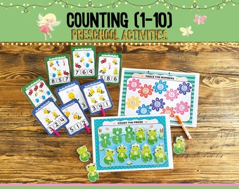 May include: A set of printable preschool activities for counting from 1 to 10. The activities feature colorful images of bees, ladybugs, and frogs. The worksheets include counting, tracing numbers, and matching activities.