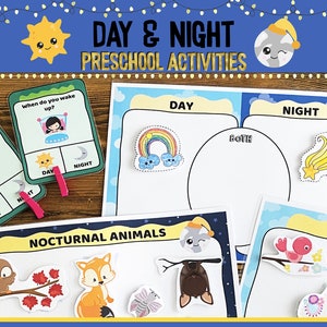 Actividades diurnas y nocturnas para niños pequeños en edad preescolar, Carpeta ocupada, Actividades de educación en el hogar, libro imprimible para niños pequeños, Clasificar en día y noche