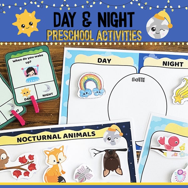 Day and Night preschool toddler activities, Busy binder,Homeschool activities, toddler printable book, Sort into day and night