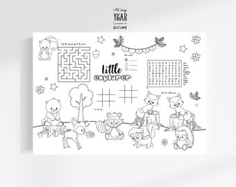 May include: Black and white printable activity sheet for kids featuring a woodland theme. The sheet includes a maze, a word search, a tic-tac-toe game, and a spot the difference game. The sheet also features illustrations of animals such as squirrels, raccoons, deer, foxes, and hedgehogs.