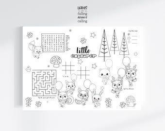 May include: Black and white printable activity sheet for kids featuring a word search, maze, tic-tac-toe game, and coloring pages. The sheet includes the text "Little Explorer" and "Leaves are falling, autumn is calling".