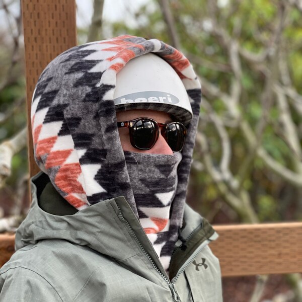 Orange Aztec Fleece Ski Hood: Balaclava, ski mask, winter hat, snowboard hood, Neck Warmer