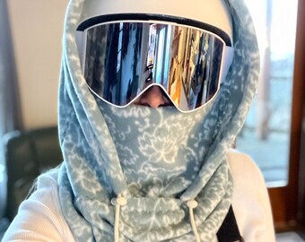 Stone Blue Floral Hood, ski hood, fleece hood, snowboard hood, balaclava, custom fleece hood, pnw hoodie, fleece face mask, neck warmer