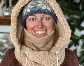 Tan Sherpa Fleece Ski Hood: Balaclava, ski mask, winter hat, snowboard hood, Neck Warmer