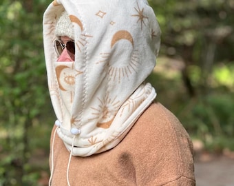 Ivory Sun & Moon Fleece Ski Hood: Balaclava, ski mask, winter hat, snowboard hood, Neck Warmer