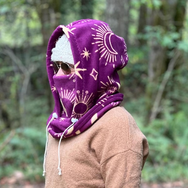 Purple Sun and Moon Fleece Ski Hood: Balaclava, ski mask, winter hat, snowboard hood, Neck Warmer