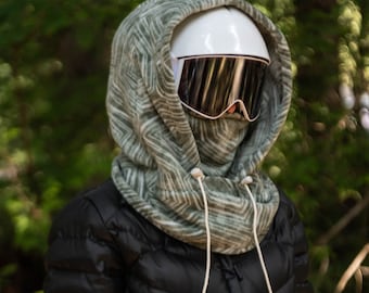 Green Geo Fleece Ski Hood: Balaclava, ski mask, winter hat, snowboard hood, Neck Warmer