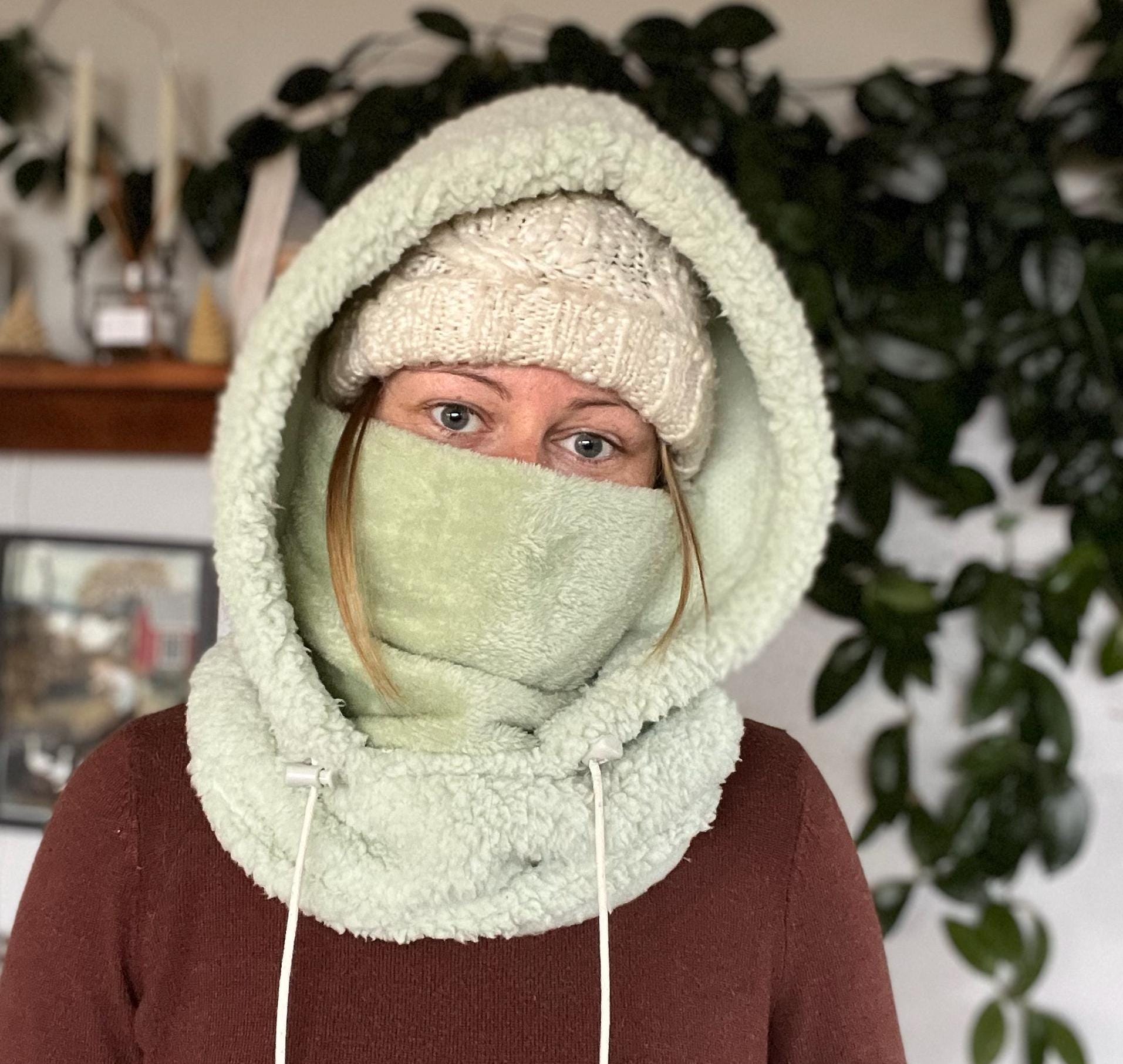 Light Green Sherpa Fleece Ski Hood: Balaclava, ski mask, winter hat, snowboard hood, Neck Warmer