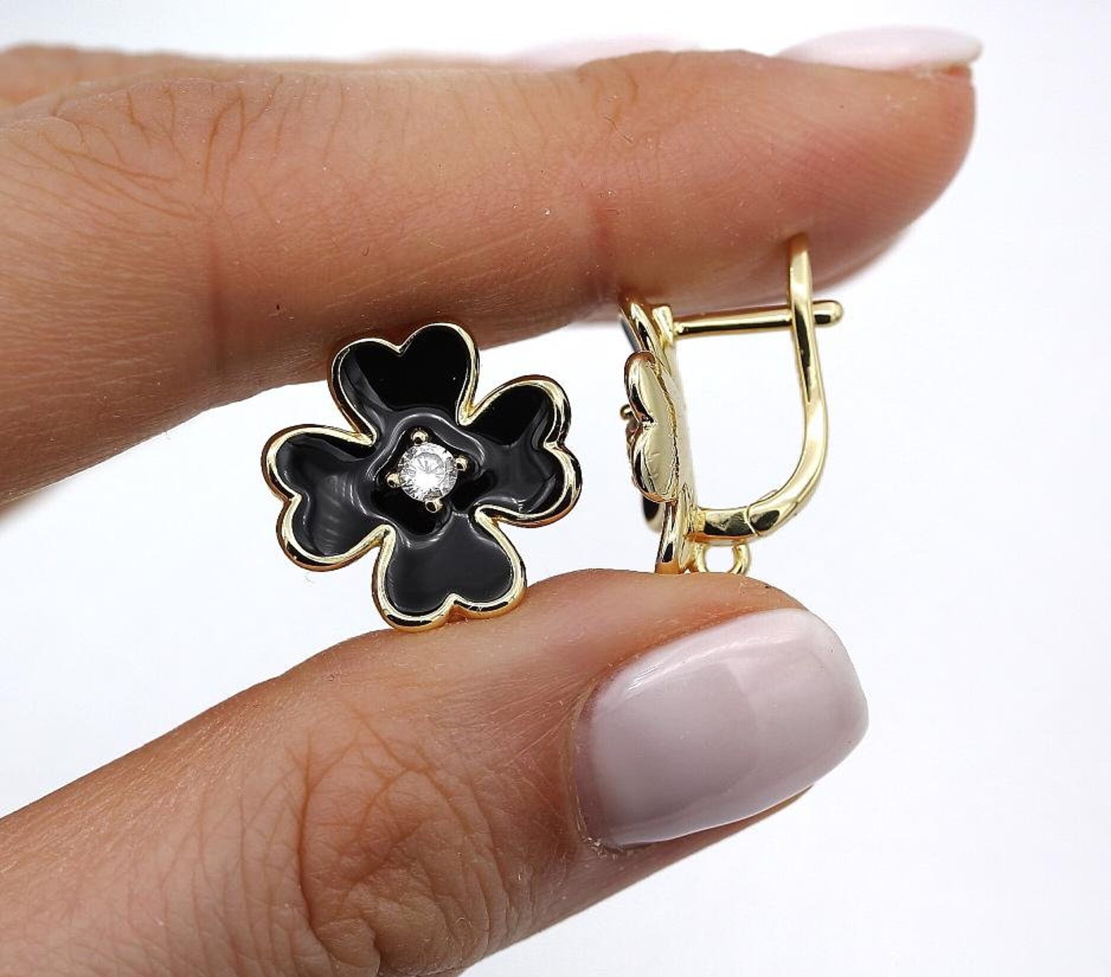 Clover Earrings Black Enamel Clover Earrings Silver Etsy
