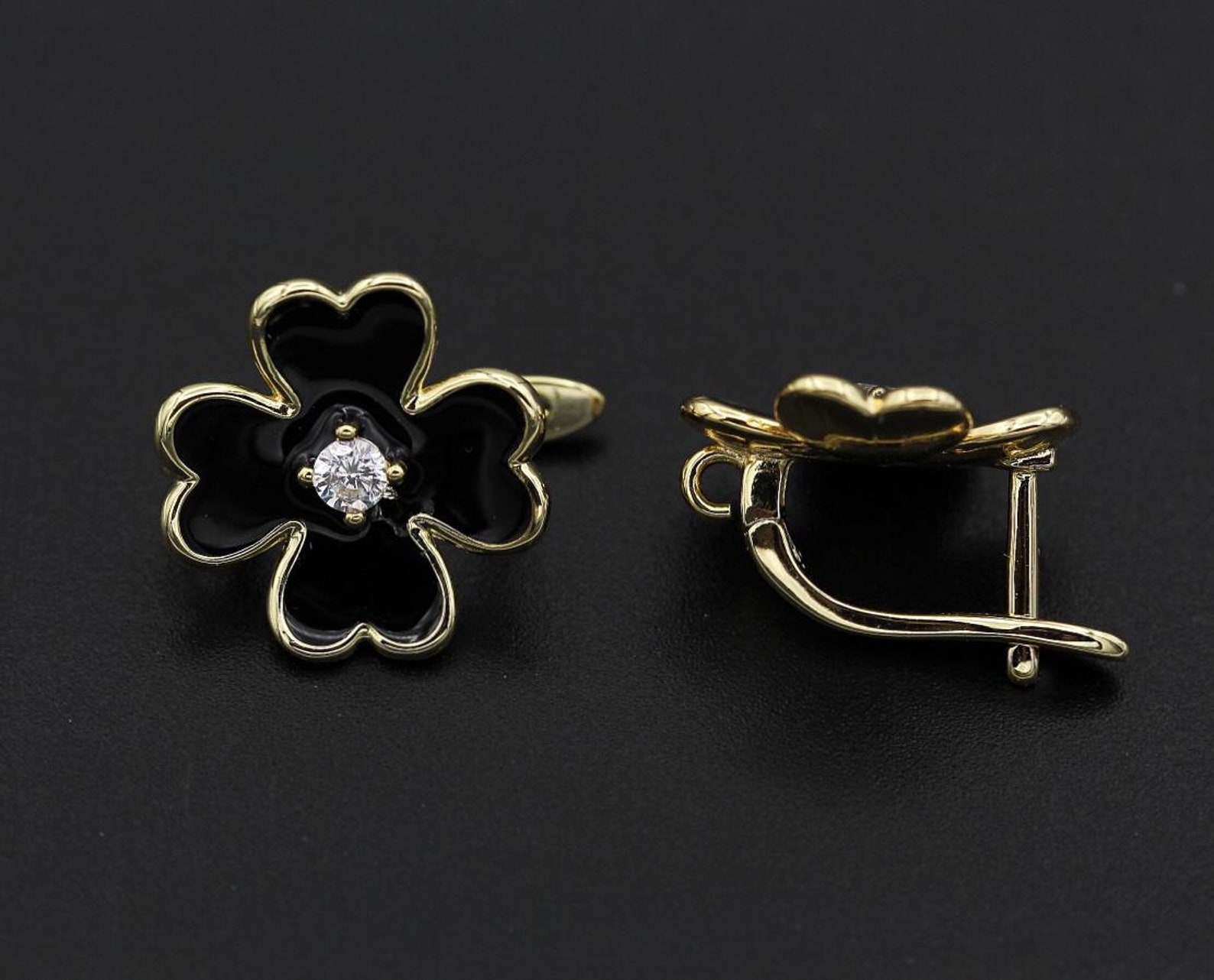 Clover Earrings Black Enamel Clover Earrings Silver Etsy