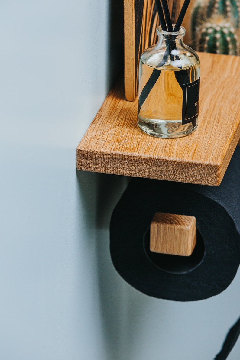 Toilet roll wall shelf in oak wood for wc paper holder easy storage 33x15x10 cm image 2