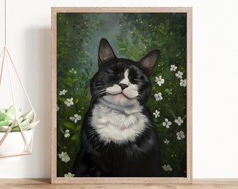 Tuxedo Cat Print Flowers Garden Painting Framed Cute Black Cat Mom Gift Poster Canvas Funny Botanical Eclectic Modern Wall Art Home Decor