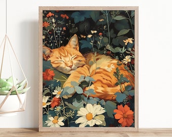 Puede incluir: Una impresión artística enmarcada que presenta un gato atigrado naranja durmiendo entre flores y vegetación coloridas. La obra de arte tiene una estética vintage y un marco de madera. También se ven dos macetas colgantes con suculentas.