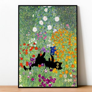 Gustav Klimt Garden Flowers Black Cat Print Famous Painting Framed Cat Mom Gift Poster Canvas Funny Botanical Eclectic Wall Art Home Decor